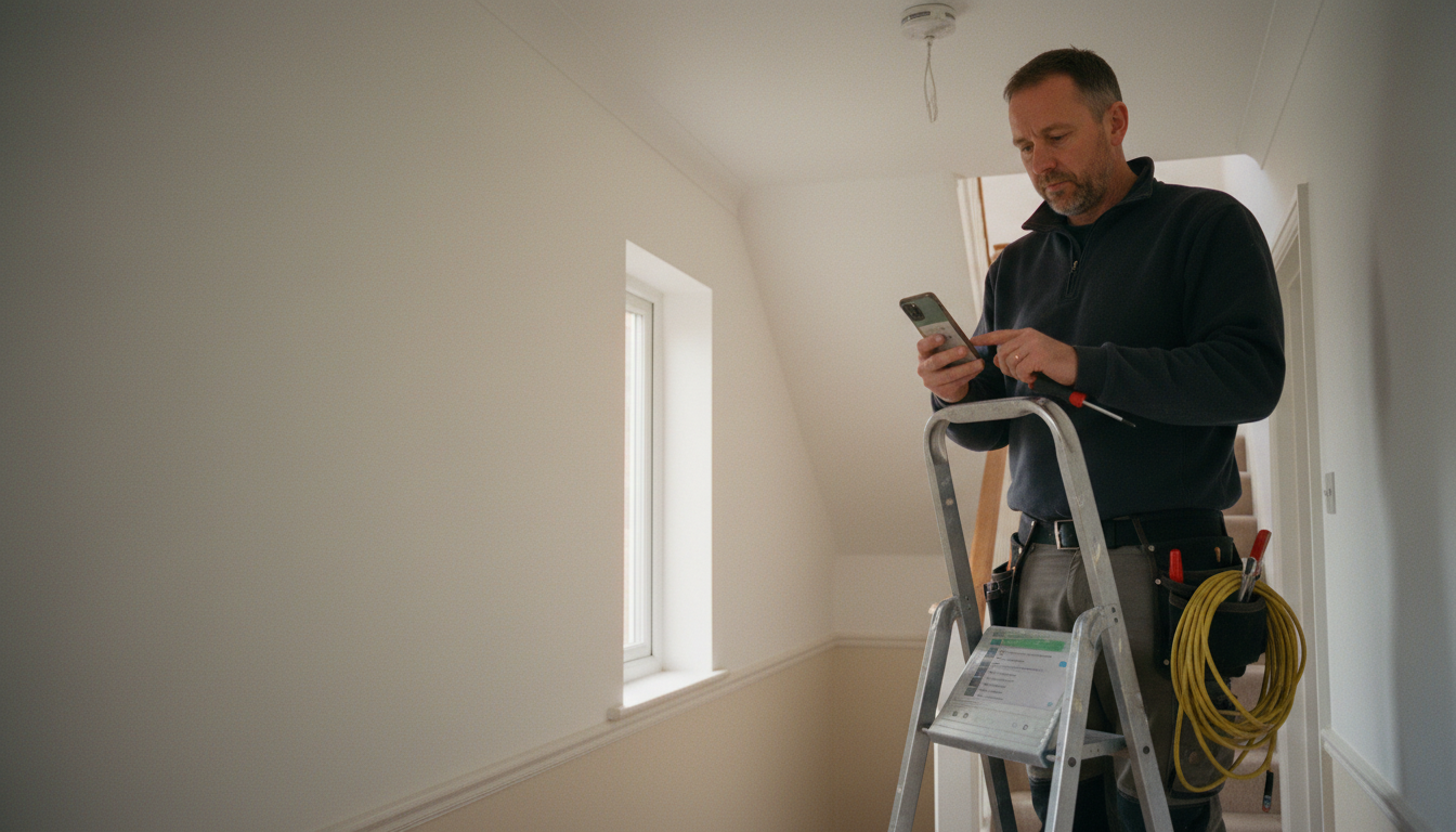 A tradesman on a stepladder, phone in hand, drafting a quote mid-job.